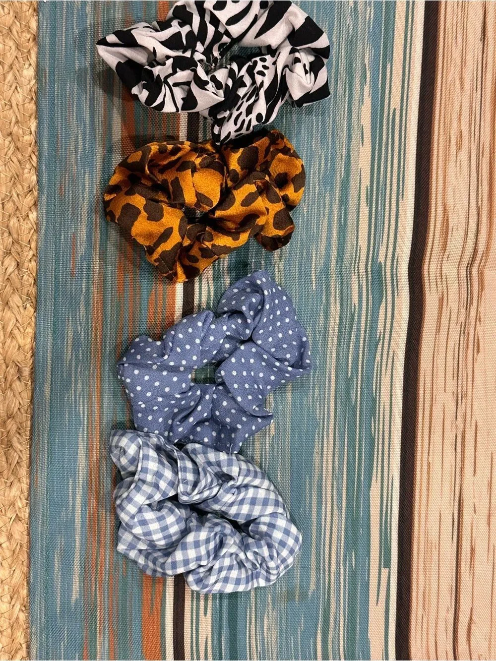 Multi-Pack Fabric Scrunchies - Leopard, checkered, polka dots